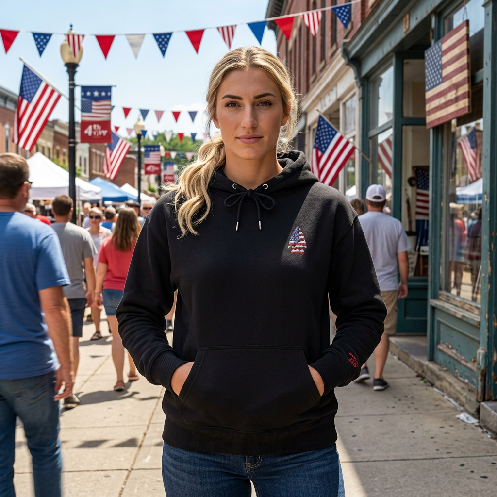 American Flag Shark Hoodie — Patriotic Shark Chest Graphic