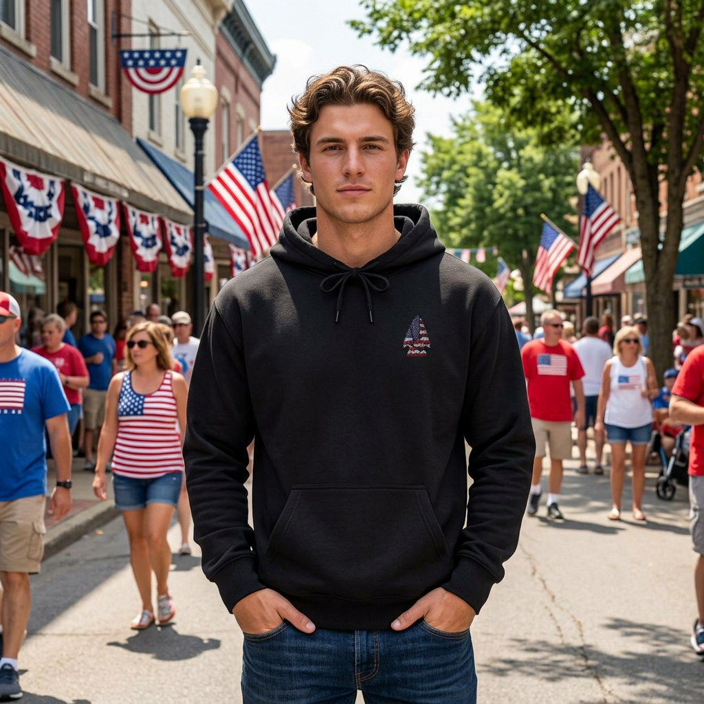 American Flag Shark Hoodie — Patriotic Shark Chest Graphic